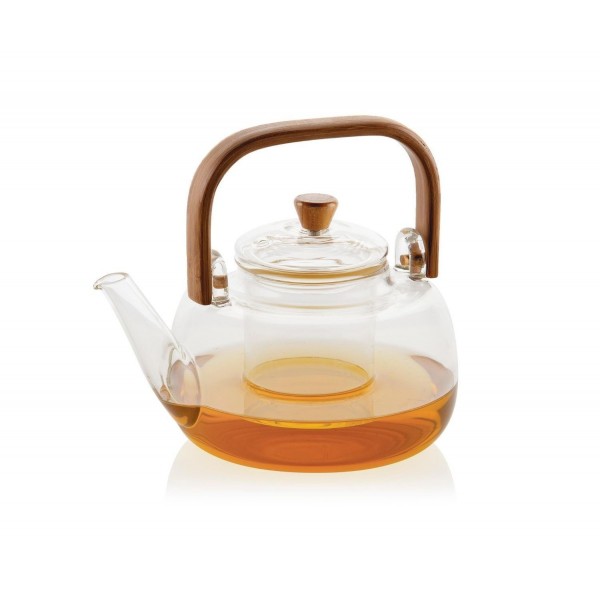 Tetera de vidrio con filtro y asa de bambú