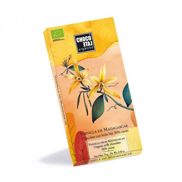 Chocolate con leche 36% Cacao Vainilla de Madagascar Orgániko