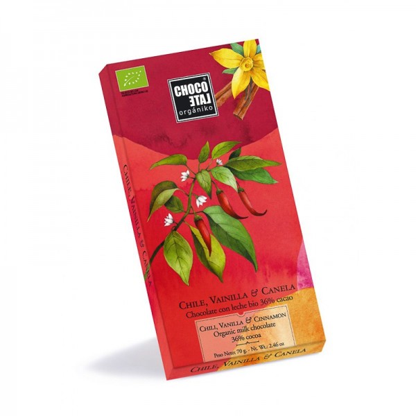 Chocolate con leche 46% Cacao, Chile, Vainilla & Canela Orgániko