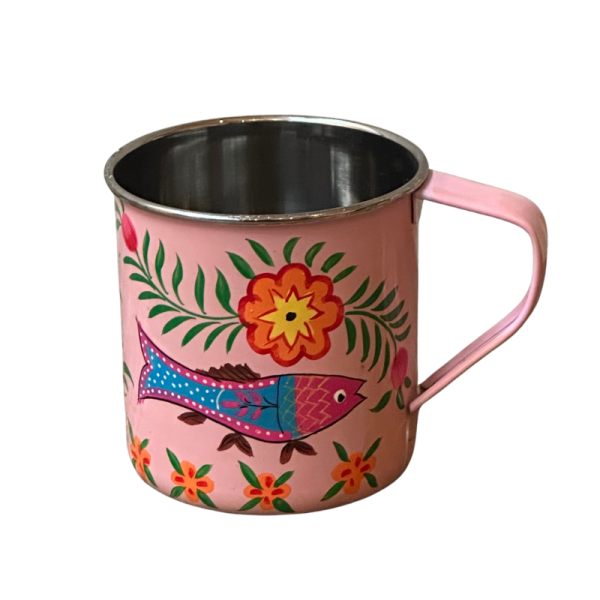Taza de metal color Peces y flores