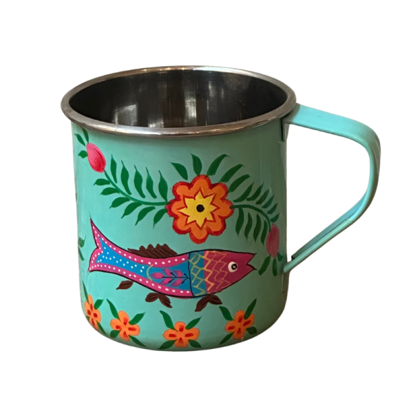 Taza de metal color Peces y flores